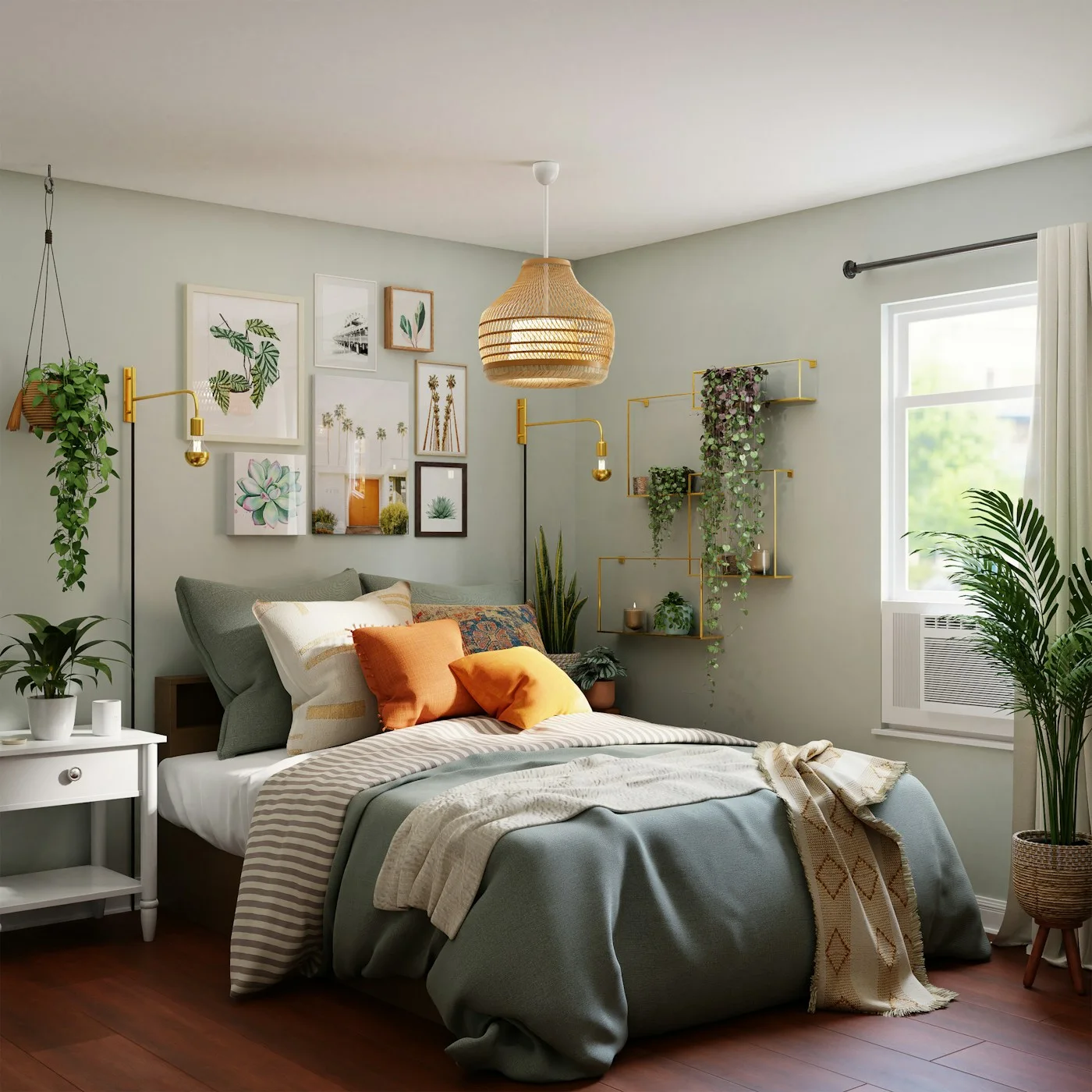 Bedroom with layered neutral bedding