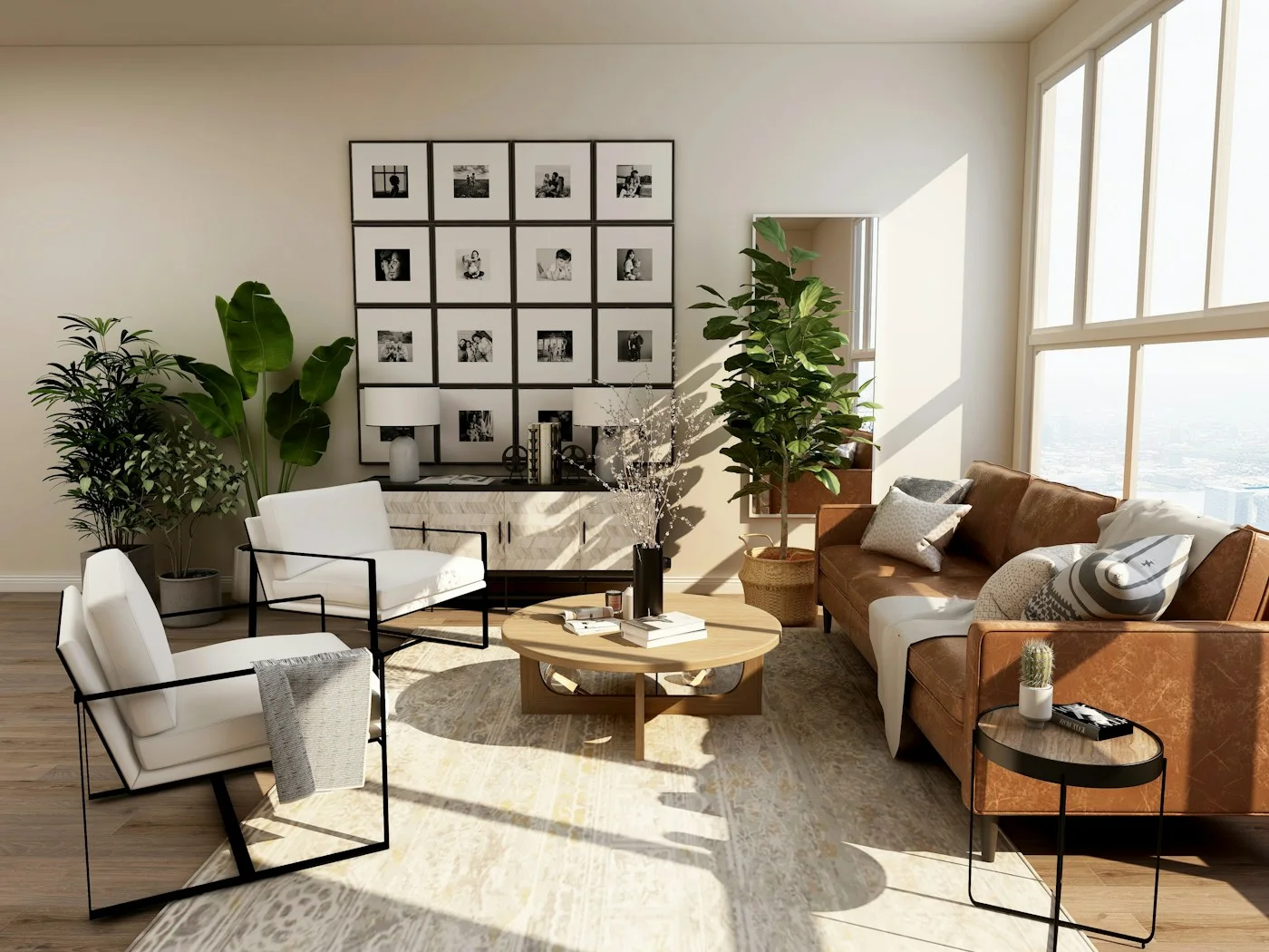 A softly furnished living room with seating and natural light