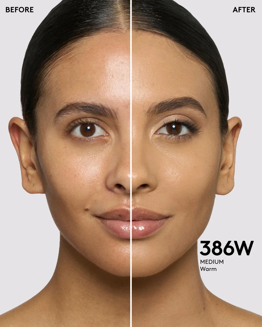 Model wearing Pro Filt'r Fluid Flex Foundation shade 386W